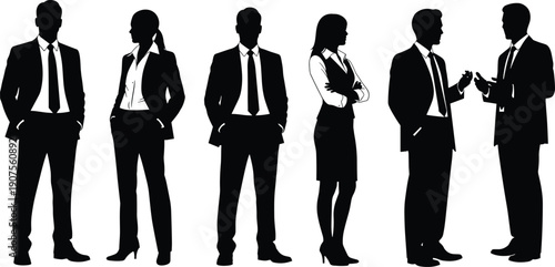 Collection of Six Detailed Black Silhouettes Featuring Professional Men and Women in Formal Business Suits Standing and Conversing for Corporate Graphic Design Projects