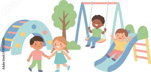 Children having fun at a colorful playground with slides and swings on a sunny day