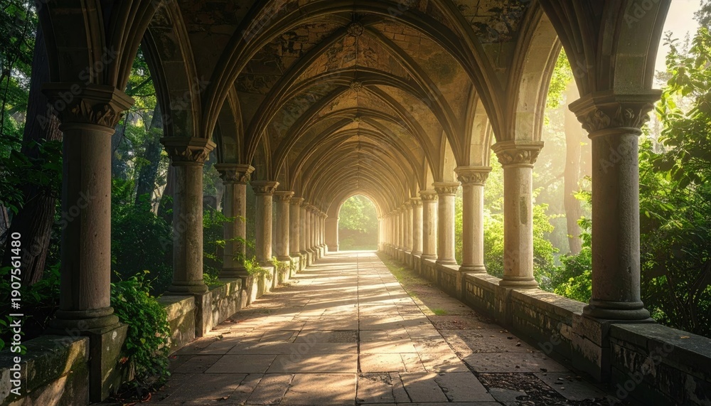 Obraz premium Ancient stone cloister walkway bathed in golden sunlight and lush greenery.