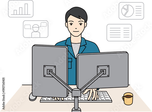 リモート会議や分析を行う作業着の男性エンジニア