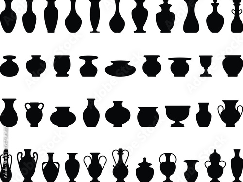 Set of vintage vase and pottery silhouettes isolated on white background, antique ceramic urns and amphora vector illustration collection