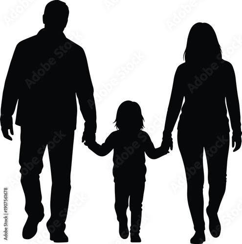 Detailed Black Silhouette of a Mother Father and Child Holding Hands While Walking Together for Family Lifestyle Parenting and Community Graphic Design Projects