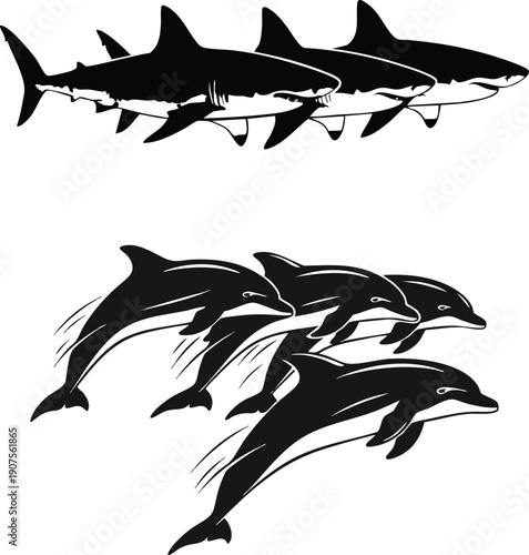 Sharks and Dolphins Vector Silhouette Set - Marine Life Decal Graphics