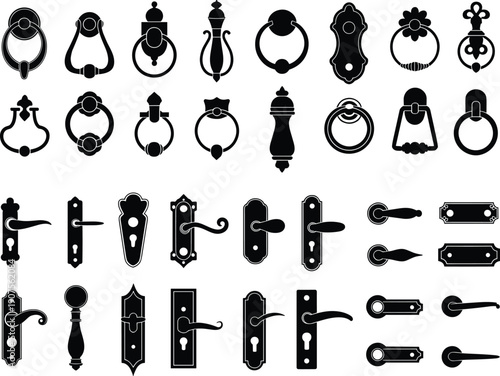 Vintage door hardware silhouettes collection with handles, knobs, knockers and keyholes isolated on white background, antique metal design elements set