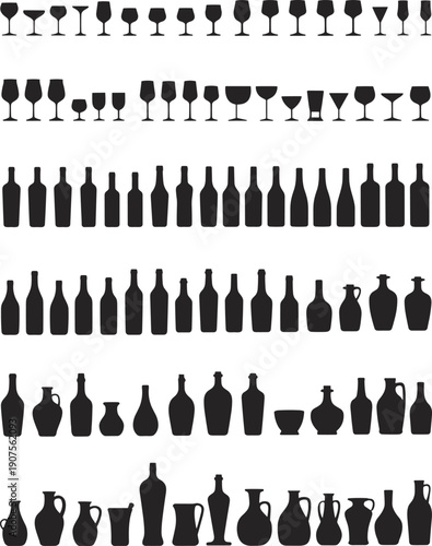 Wine bottles, glassware and ceramic jugs silhouettes collection isolated on white background, vintage drink containers and bar equipment set
