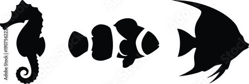 Tropical Fish Silhouette Vector Set - Seahorse Clownfish and Angelfish Icons