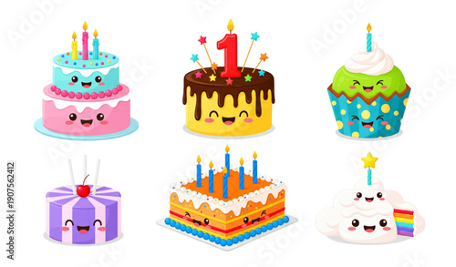A colorful illustration of six cartoon birthday cakes with smiling faces