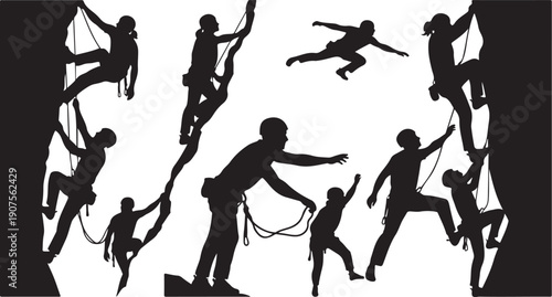 Silhouette of people rock climbing together in a team