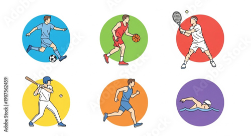 Diverse Sports Athletes Performing Actions In Circular Frames.