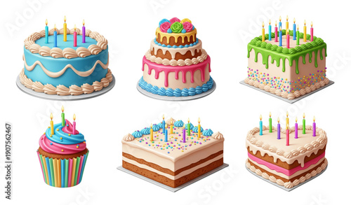 A colorful vector illustration of various birthday cakes and cupcakes with candles