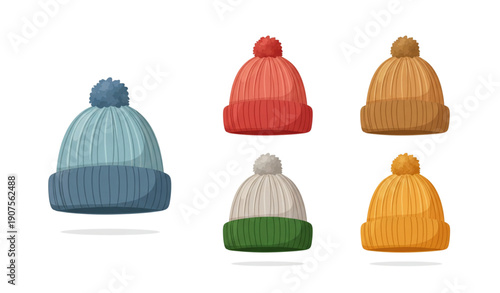 A colorful illustration of six knit hats with pom poms on a white background