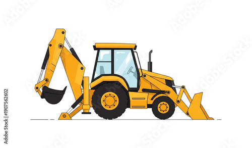 A yellow backhoe loader tractor with a black and yellow bucket