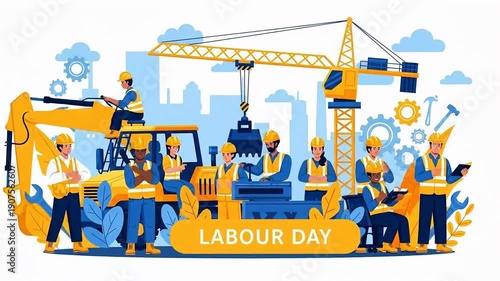 Wallpaper Mural Construction Site with Workers and Heavy Machinery During Labour Day Celebration. Torontodigital.ca