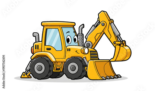 A cartoon illustration of a yellow excavator with a smiling face