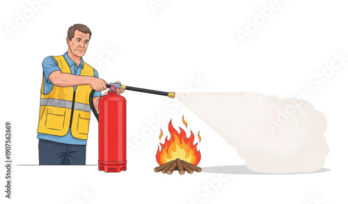 A man in a yellow safety vest using a fire extinguisher to put out a small fire