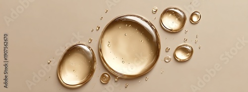 High-quality close-up of golden liquid oil drops on a beige surface, 3d rendering face serum cosmetic abstract background