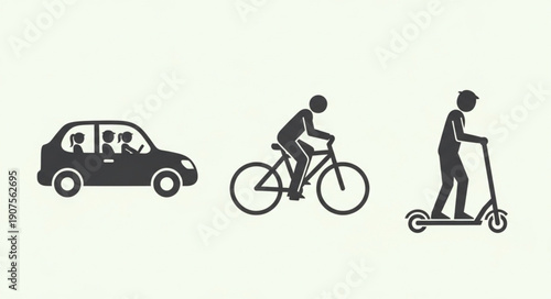 Diverse modes of transportation icons including car bicycle and scooter.