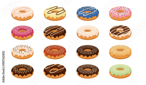 A colorful vector illustration of assorted donuts with various toppings and glazes