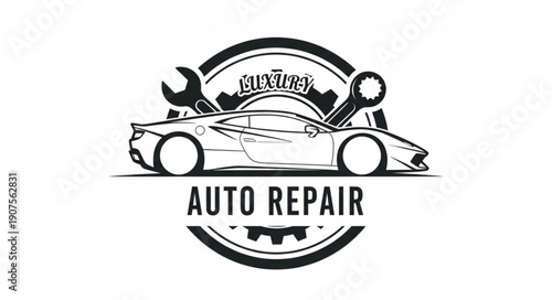 Auto Repair Emblem with Sports Car and Tools.