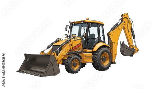 A yellow backhoe loader excavator on a white background