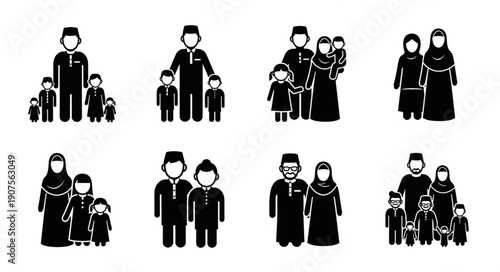 Diverse Muslim Family Silhouettes Representing Different Generations.