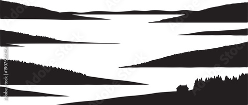 Serene black and white landscape with hills and water