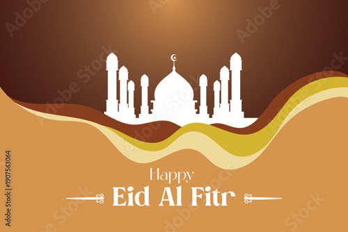 Elegant Islamic Celebration Background with Mosque Silhouette and Abstract Wavy Design for Eid Al Fitr Greetings – Festive Cultural Template