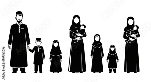 Diverse Muslim Family Silhouettes Representing Generations and Unity.