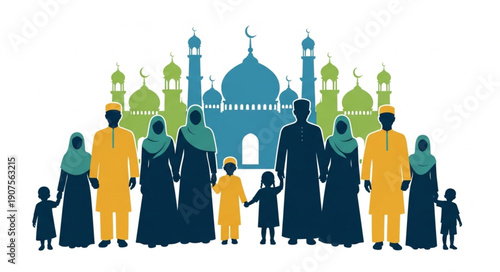 Diverse Muslim family standing together in front of mosque silhouette.