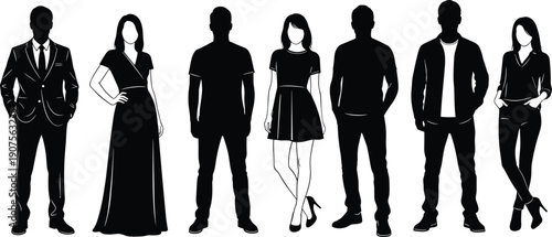 Large Collection of Detailed Black and White Silhouettes Featuring Men and Women in Casual and Formal Business Clothing for Fashion and Lifestyle Designs