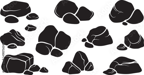 Black rocks and stones on white background illustration set