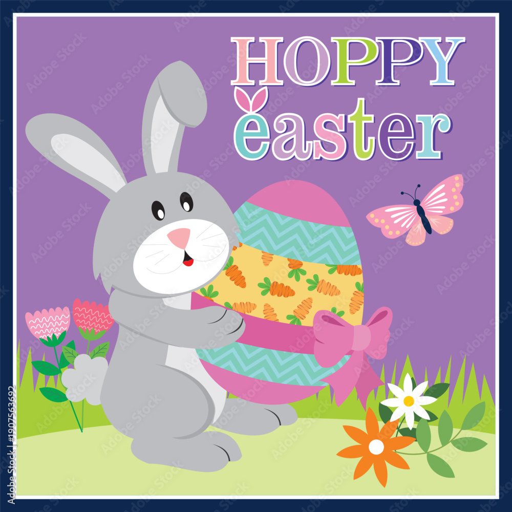 Fototapeta premium Hoppy Easter Bunny with Decorated Egg and Spring Flowers