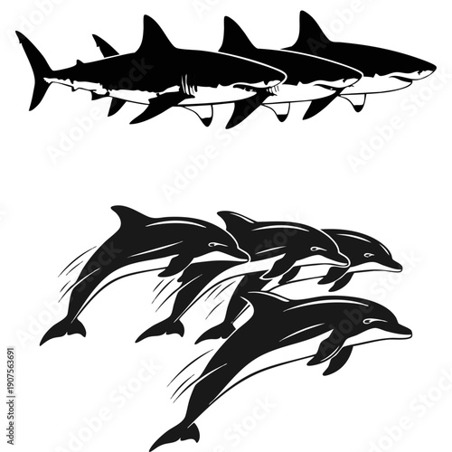 Sharks and Dolphins Vector Silhouette Set - Marine Life Decal Graphics