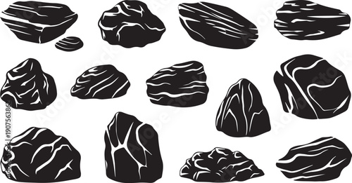 Collection of black and white rock illustrations on white