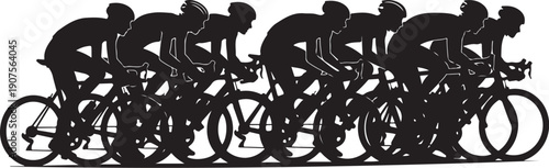 Silhouette of Cyclists Riding in a Peloton Formation Together