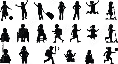 Children silhouette set, kids playing running jumping studying traveling with school bag toys activities isolated on white background