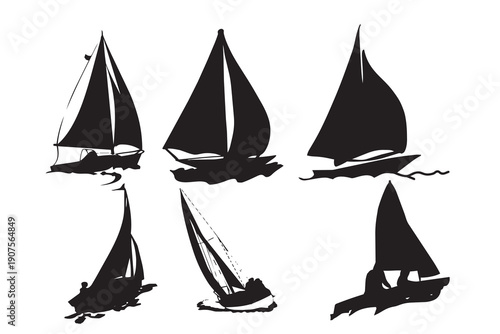 Silhouettes of Sailboats on Water in day Black and White on White Background illustration