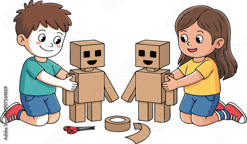 Children Making Cardboard Robot Costumes – DIY Craft Project Vector