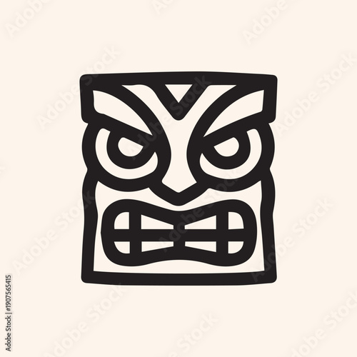 Fierce Tiki Mask Black Line Art Illustration for Tribal Designs
