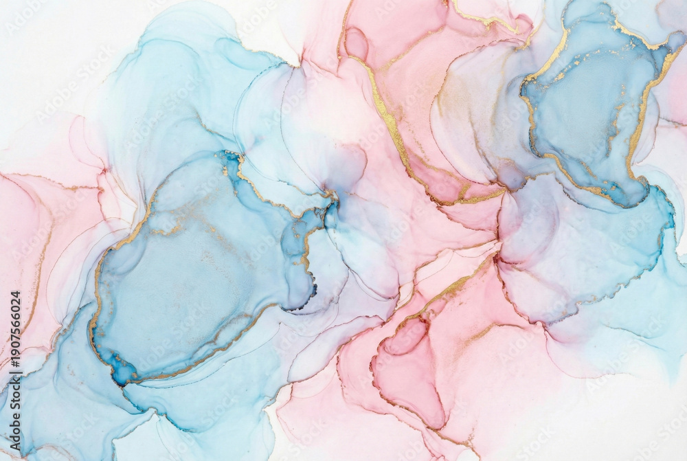 Fototapeta premium Abstract alcohol ink background with pastel pink and blue fluid textures and gold glitter veins