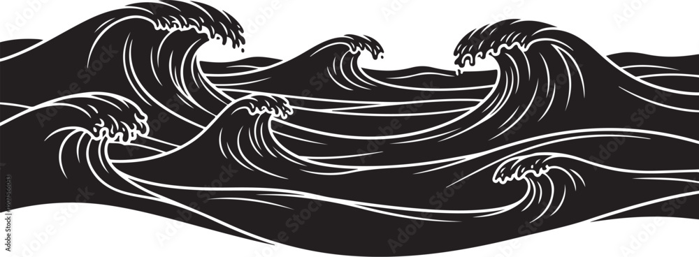 Fototapeta premium Dramatic Black and White Ocean Waves Crashing Illustration Art