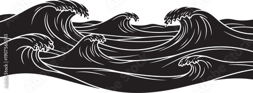 Dramatic Black and White Ocean Waves Crashing Illustration Art