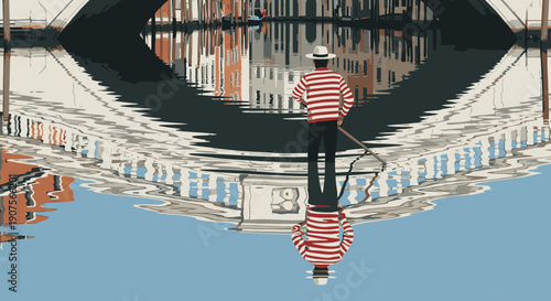 A Venetian gondolier on a calm canal, city architecture and a bridge reflected in tranquil water, creating a unique symmetrical scene.