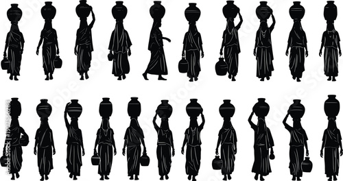 Black silhouette of Indian village women carrying water pots on heads and hands in traditional saree walking on white background.