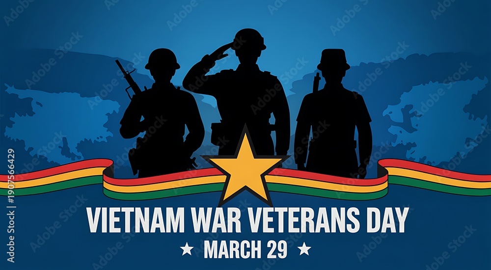 Obraz premium Vietnam war veterans day on March twenty nine depicted with silhouette of three soldiers saluting against blue textured background with ribbon and star