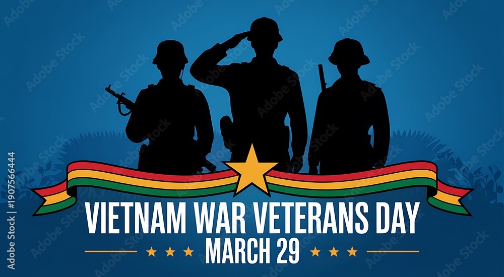 Obraz premium Vietnam war veterans day on March twenty nine depicted with silhouette of three soldiers saluting against blue textured background with ribbon and star