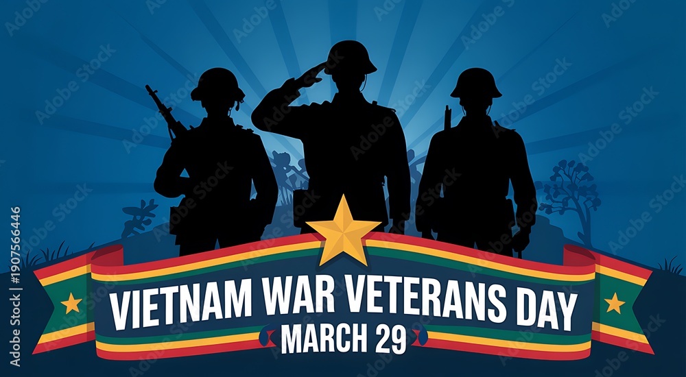 Fototapeta premium Vietnam war veterans day on March twenty nine depicted with silhouette of three soldiers saluting against blue textured background with ribbon and star