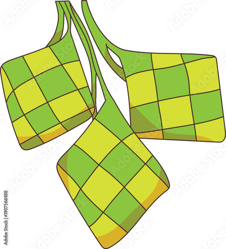 Green and yellow ketupat rice cake flat illustration with dynamic geometric weave modern minimal style suitable for ramadan eid celebration branding packaging greeting and festive use
