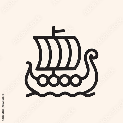 Minimalist Viking Longship Icon Sailing On Stylized Ocean Waves