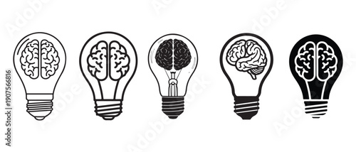 Black and white light bulb brain icons with creative ideas